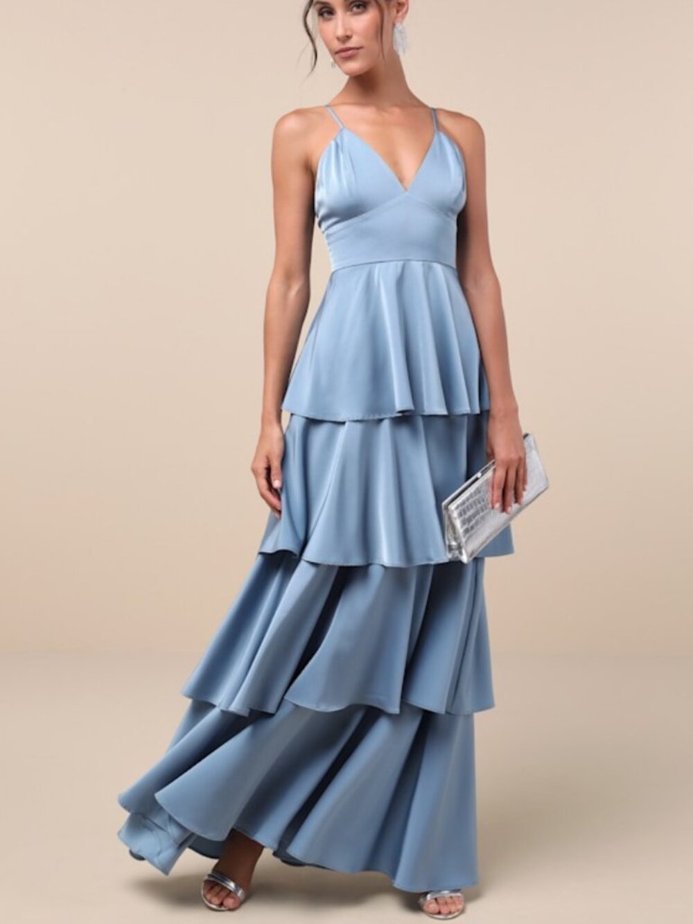 Lulus Going With Elegance Slate Blue Satin Tiered Gown - Size M